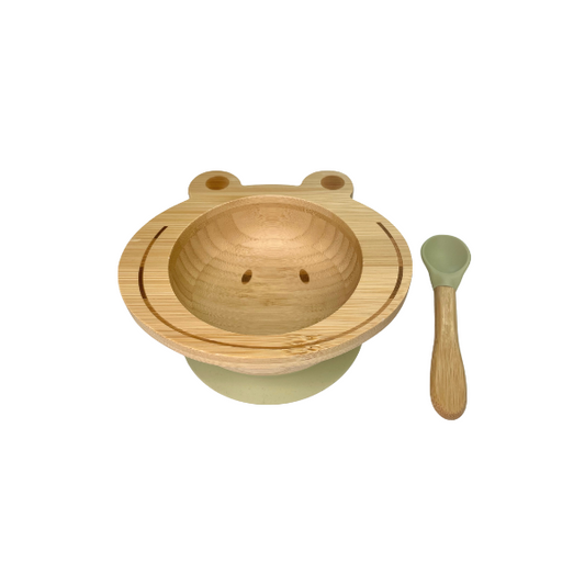 Cap Bambou -- Set de repas bébé grenouille vert pastel (bol + cuillère)