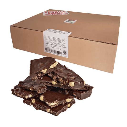 Belledonne -- Plaque à casser chocolat noir 57% amandes, noisettes et raisins bio - vrac 1,5 kg